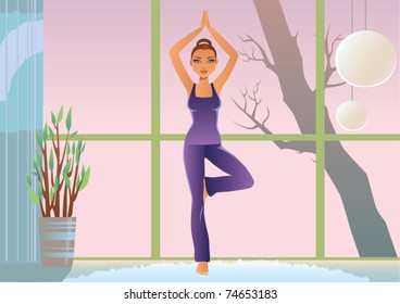 Young woman is doing yoga exercises