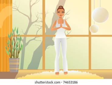 Young woman is doing yoga exercises