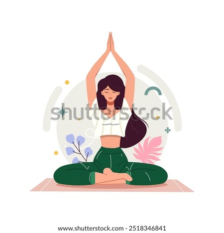 Young woman doing yoga exercises, practicing meditation and stretching on the mat.