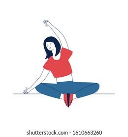 Young woman doing yoga. Female character sitting in lotus pose flat vector illustration. Body training, practice, lifestyle concept for banner, website design or landing web page