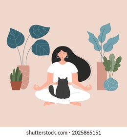 Young woman doing yoga. Female cartoon character in yoga lotus pose. A fat black cat is sitting on the girl. Hand drawn plants in pots. Meditation at home. Healthy lifestyle. Vector illustration.