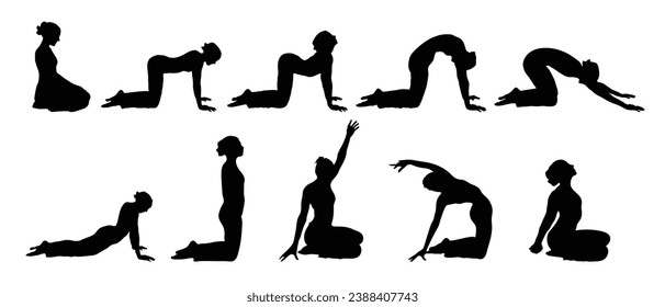 Young woman doing yoga fitness exercises on the floor for  Healthy lifestyle. Set of vector silhouette illustrations design for t shirt graphics, icons, web, posters, print out
