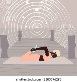 Young woman doing yoga. Frog pose. Yoga Bhekasana posture or asana. Female cartoon yoga pose. Full body yoga workout vector illustration