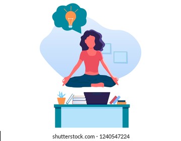 Young woman doing yoga and get calm in office and find new ideas for work. Finding solutions through meditation. Light bulb. Relax, meditation, good time management concept. Flat vector illustration