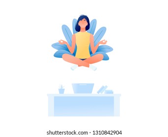 Young woman doing yoga and get calm in office and find new ideas for work. Finding solutions through meditation. Relax, meditation, good time management concept. Flat style design. Vector illustration