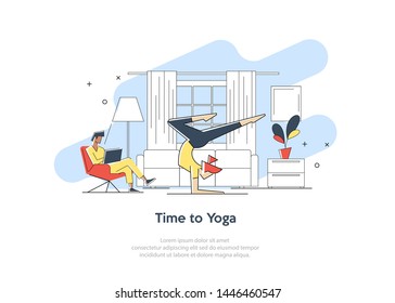 Young woman doing yoga and get calm in office and find new ideas for work. Finding solutions through meditation. Light bulb. Relax, meditation, good time management concept. Flat vector illustration