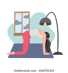 Young woman doing yoga. Girl performing aerobics exercise at home. Physical and spiritual practice. Vector illustration in flat cartoon style.