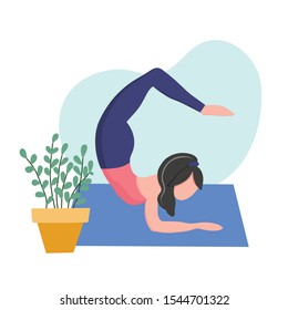 Young woman doing yoga. Girl performing aerobics exercise at home. Physical and spiritual practice. Vector illustration in flat cartoon style.