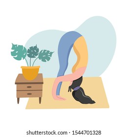Young woman doing yoga. Girl performing aerobics exercise at home. Physical and spiritual practice. Vector illustration in flat cartoon style.