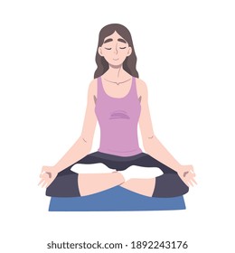 Young Woman Doing Yoga, Girl Sitting On Floor in Lotus Position and Meditating Cartoon Style Vector Illustration