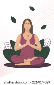 Young Woman Doing Yoga. Girl Sitting In The Lotus Position. Female Sits With Legs Crossed And Peaceful Face.