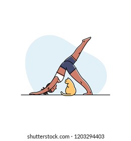 Young woman doing yoga with her cat. Vector illustration.