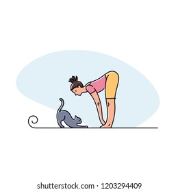 Young woman doing yoga with her cat. Vector illustration.