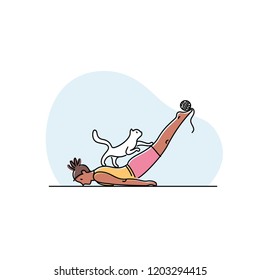 Young woman doing yoga with her cat. Vector illustration.