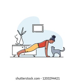 Young woman doing yoga with her cat. Vector illustration.