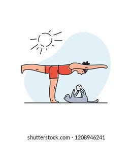 Young woman doing yoga with her cat. Vector illustration.