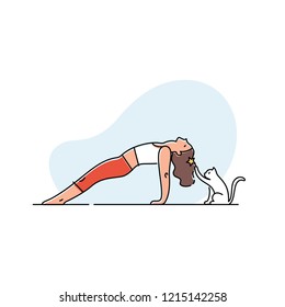 Young woman doing yoga with her cat. Vector illustration.