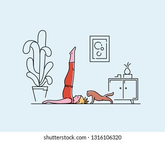 Young woman doing yoga with her cat. Vector illustration. 