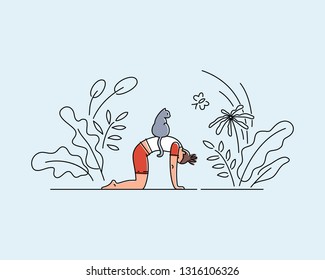 Young woman doing yoga with her cat. Vector illustration. 