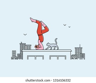 Young woman doing yoga with her cat. Vector illustration. 