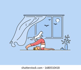 Young woman doing yoga with her cat. Vector illustration. 