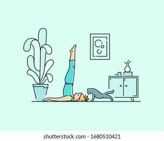 Young woman doing yoga with her cat. Vector illustration. 