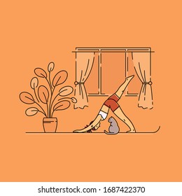 Young woman doing yoga with her cat 
 at home. Vector illustration. 