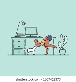 Young woman doing yoga with her cat. Vector illustration. 