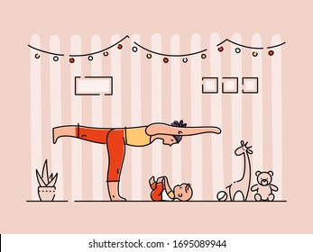 Young woman doing yoga with her child at her apartment. Mother exercising with her little baby kid at home. Flat vector illustration.