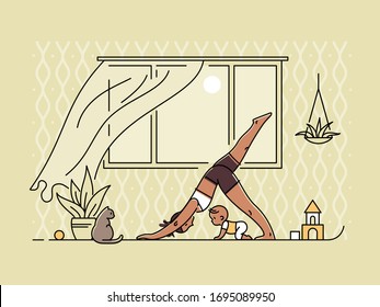 Young woman doing yoga with her childand cat at her apartment. Mother exercising with her little baby kid at home. Flat vector illustration.