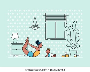 Young woman doing yoga with her child at her apartment. Mother exercising with her little baby kid at home. Flat vector illustration.