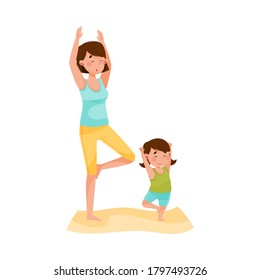 Young Woman Doing Yoga with Her Daughter Vector Illustration