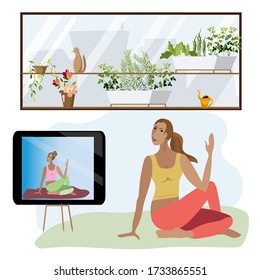 Young woman doing yoga at home. Yoga online on the tablet. The concept of a healthy lifestyle and home yoga in the interior.Vector illustration in cartoon style.