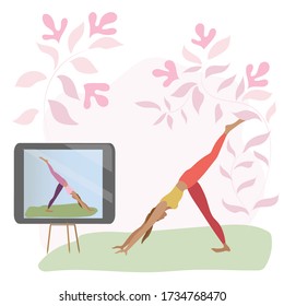 Young woman doing yoga at home. Yoga online on the tablet. The concept of a healthy lifestyle and home yoga. Vector illustration in cartoon style.