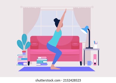 Young woman doing yoga at home. Vector illustration in a flat style