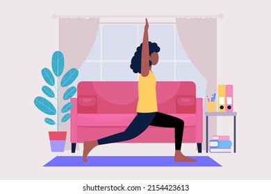 Young woman doing yoga at home. Vector illustration in a flat style