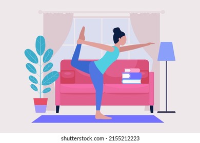 Young woman doing yoga at home. Vector illustration in a flat style