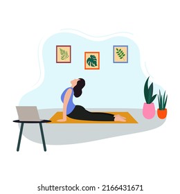 Young woman doing yoga at home watching online yoga lesson isolated flat vector illustration.  Online yoga lesson at home.