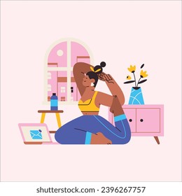 Young woman doing yoga at home. Vector illustration in flat style