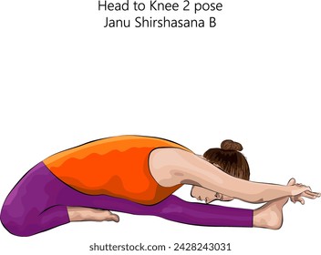 Young woman doing yoga Janu Shirshasana B. Head to Knee 2 pose. Intermediate Difficulty. Isolated vector illustration.