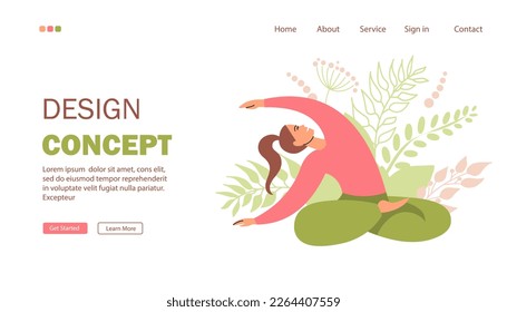 Young woman doing yoga. Landing page for a site about sports, yoga, a healthy and active lifestyle. The girl does exercises on a plant background. Flat style. Vector illustration.