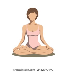 Young woman doing yoga in lotus pose. Faceless. Girl with short hair sitting in padmasana. Concept for yoga studio, health life, natural medicine clinic, beauty. Flat vector illustration EPS10