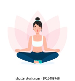 Young Woman Doing Yoga, Meditating. Flat Vector Illustration.