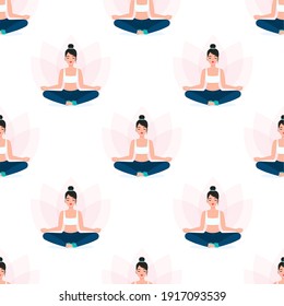 Young Woman Doing Yoga, Meditating Seamless Repeat Vector Pattern. Yoga Pattern.