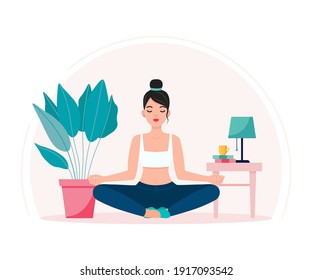 Young Woman Doing Yoga, Meditating at her Home. Flat Vector Illustration.