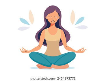 Mujer joven haciendo yoga, meditando en la pose del loto Conceptos para el yoga, la meditación, la relajación, la relajación. Ilustración vectorial en estilo plano. 