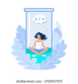 Young woman doing yoga meditation in flask and waiting test results. Corona virus self-quarantine. Coronavirus quarantine illustration concept. Isolation period at home. Isolated on white background