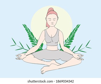 Young woman doing yoga meditation. Hand drawn style vector design illustrations