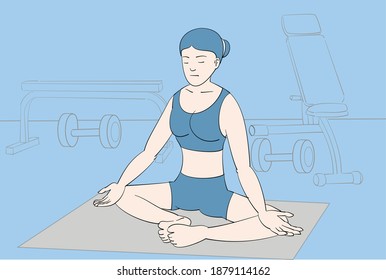 Young woman doing yoga meditation at gym studio. Hand drawn style vector design illustrations