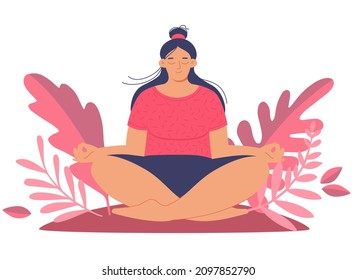 Young woman doing yoga meditation in Lotus position. Vector illustration in flat style